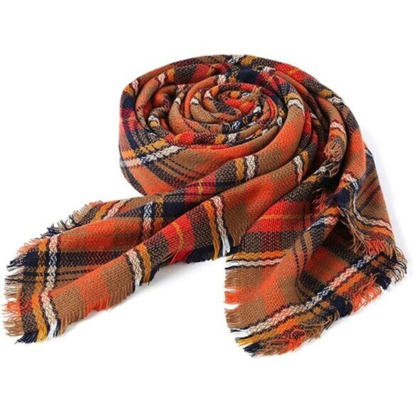 Women's Fall Winter Scarf Classic Tassel Plaid Orange - Picture 4 of 6
